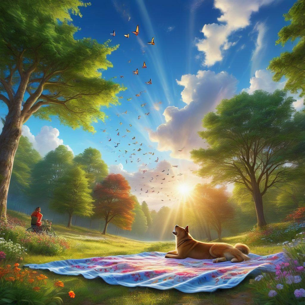 A serene landscape depicting a vibrant forest filled with blooming wildflowers and sunbeams filtering through lush green trees. In the foreground, a cheerful group of diverse friends are enjoying a picnic on a colorful blanket, radiating joy and laughter. Soft animals like butterflies and birds flutter around, adding to the atmosphere of peace and happiness. The sky is a bright blue with a few fluffy clouds, evoking a sense of bliss. super-realistic. vibrant colors. natural setting.