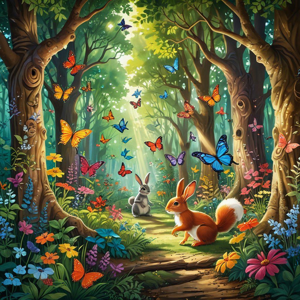 A whimsical scene of children playing in a sunlit forest, surrounded by colorful flowers and fluttering butterflies. They are engaging with friendly woodland creatures, like a curious rabbit and a playful squirrel, while exploring vibrant greenery. Rays of sunshine break through the trees, creating a magical atmosphere of joy and adventure. super-realistic. vibrant colors. whimsical style.