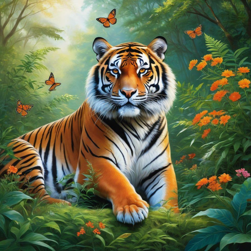 A colorful and vibrant forest scene with a majestic tiger lounging playfully among lush greenery. Surrounding the tiger, bright wildflowers bloom under a golden sun, filling the air with cheerful energy. Butterflies flutter around, adding to the lively atmosphere, while a clear blue sky peeks through the treetops. Emphasize the harmony between the tiger and nature, encapsulating the spirit of joy and revelry. super-realistic. vibrant colors. lush background.
